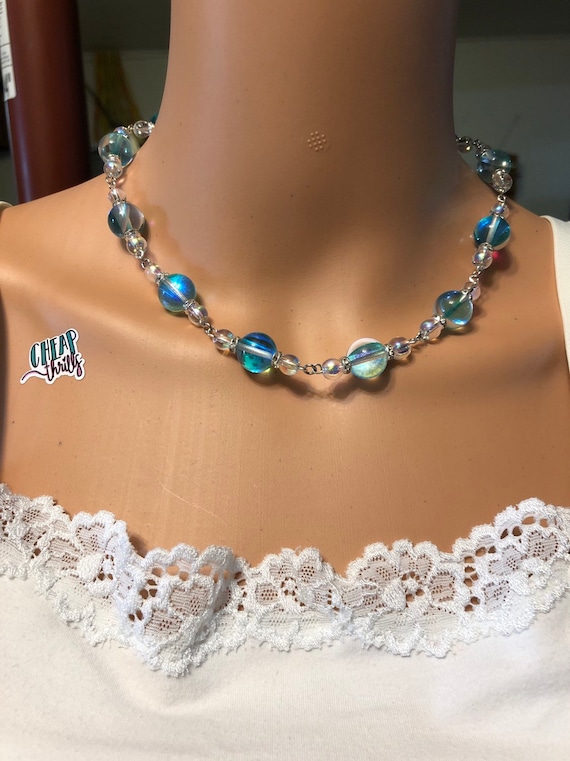 Handmade adjustable length necklace of mystic blue and mystic clear beads