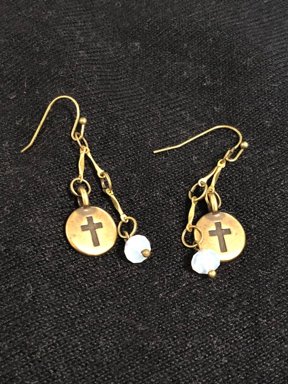 Handmade golden brass cross dangle earrings