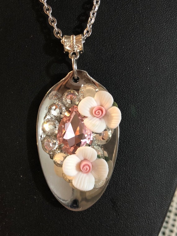 Handmade adjustable spoon necklace of flowers and crystals