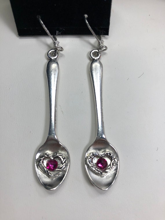 Handmade spoon earrings with heart and purple Swarovski crystal
