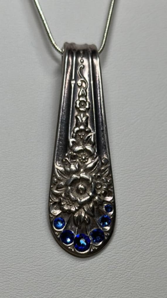 Handmade Jubilee spoon handle pendant with blue Swarovski crystals