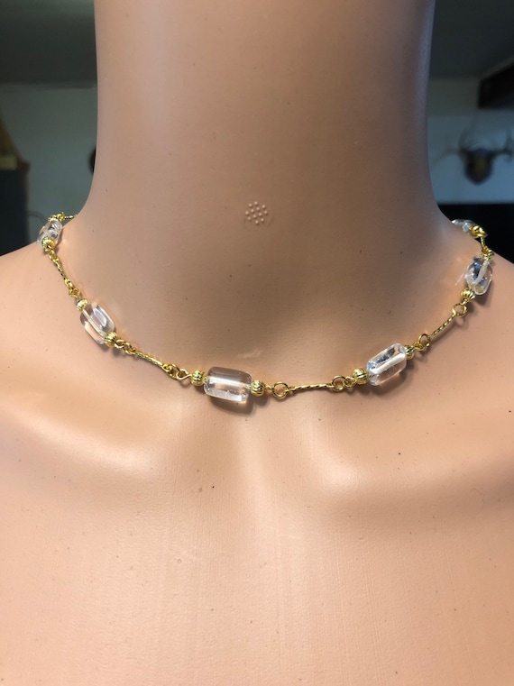 Handmade clear glass and golden metal beaded necklace