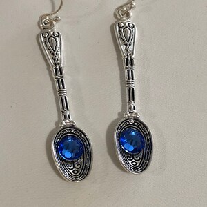 Handmade filigree silver spoon earrings with blue Swarovski crystal