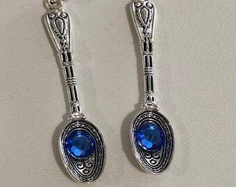 Handmade filigree silver spoon earrings with blue Swarovski crystal