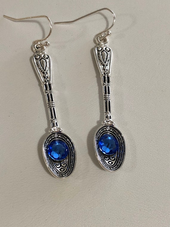 Handmade filigree silver spoon earrings with blue Swarovski crystal