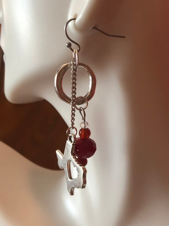 Handmade Texas dangle earrings with dark red/maroon bead dangles