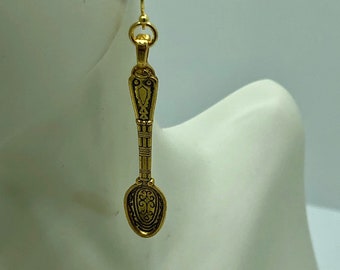 Handmade golden decorative mini spoon dangle earrings on a French style ear wire