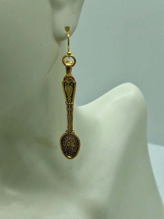 Handmade golden decorative mini spoon dangle earrings on a French style ear wire