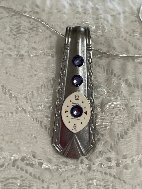 Handmade spoon handle necklace with purple crystals and watch face