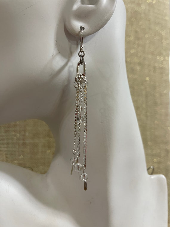 Handmade silver dangle earrings with chain and clear glass beads