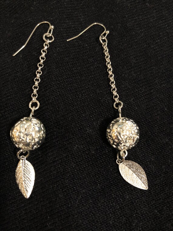 Handmade silver dangle earrings with ball and leaf