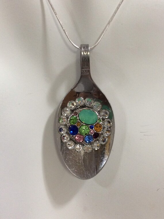 Handmade spoon necklace with multi colored crystals