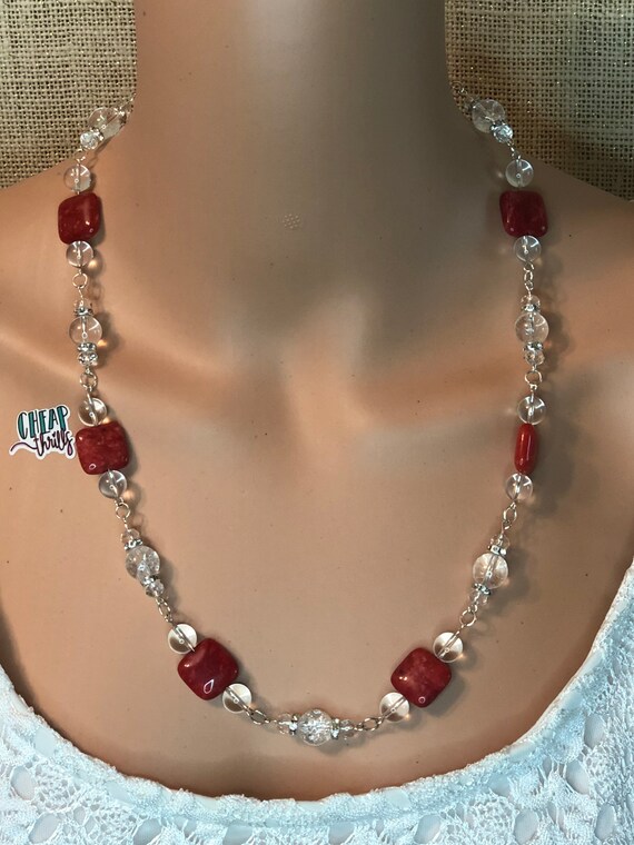 Handmade Red and crystal bead necklace and earrings
