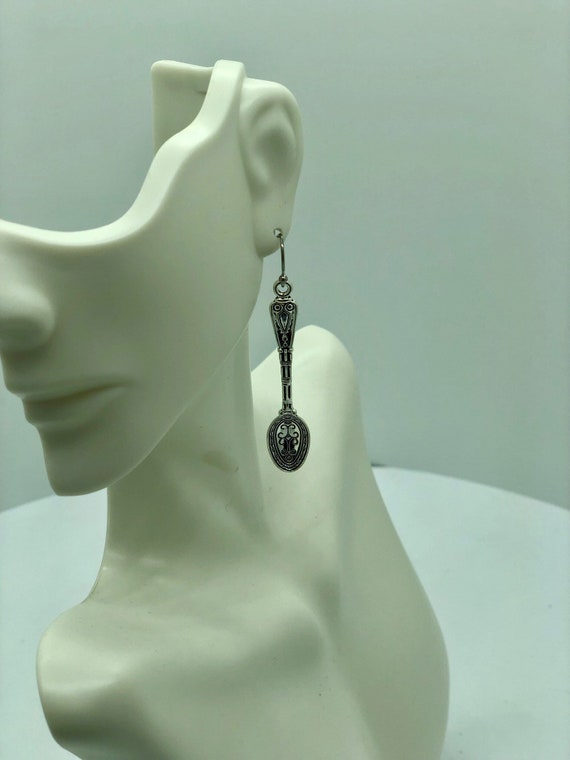 Handmade silver metallic spoon dangle earrings on ear wire