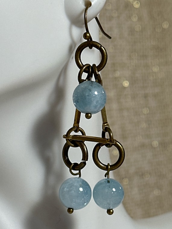 Handmade natural aquamarine beads with bronze circles dangle earrings