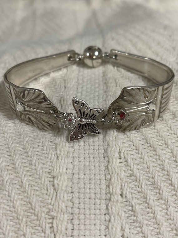 Handmade spoon handle bracelet with butterfly and clear crystals