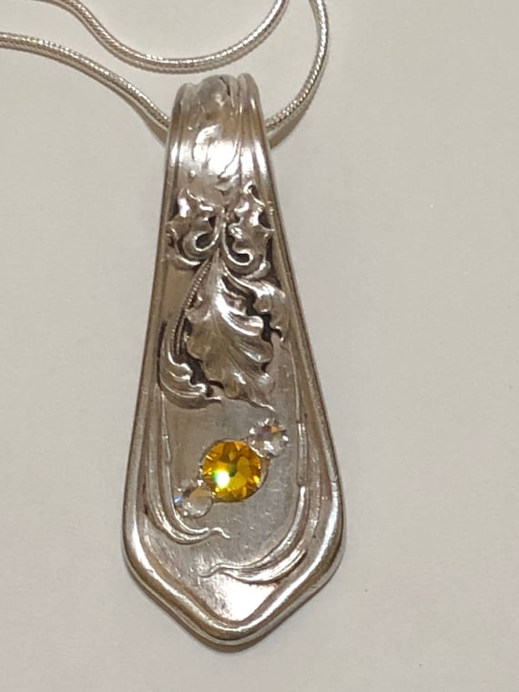 Handmade antique spoon handle necklace with yellow and clear Swarovski crystals