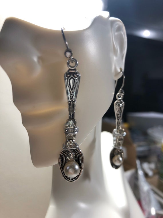 Handmade spoon drop earrings of pearl and crystal