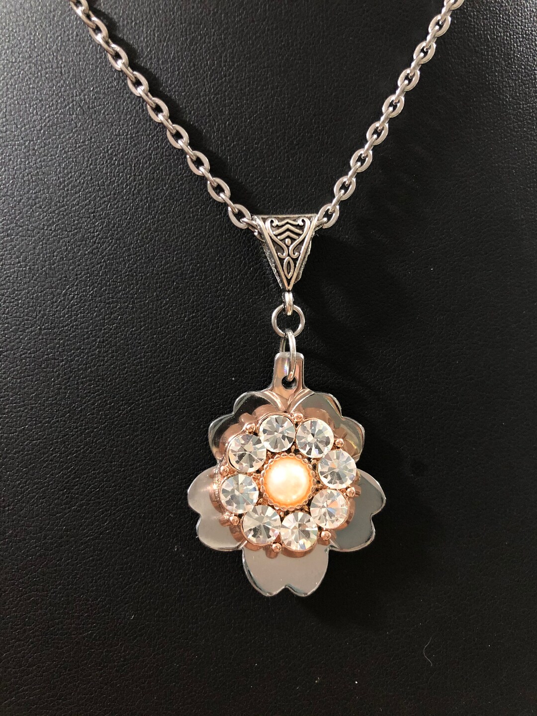 Handmade Metal Flower Necklace With Clear Crystals and Pearl Etsy