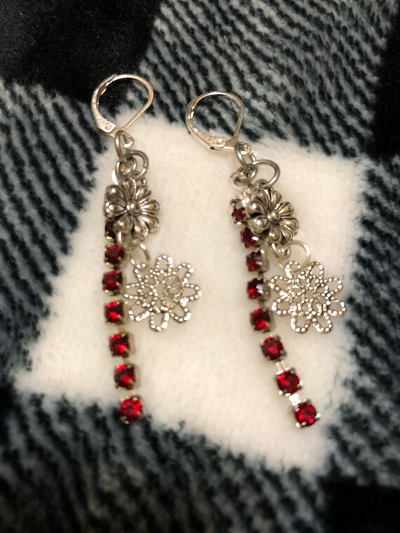 Handmade red crystal and silver flower dangle earrings
