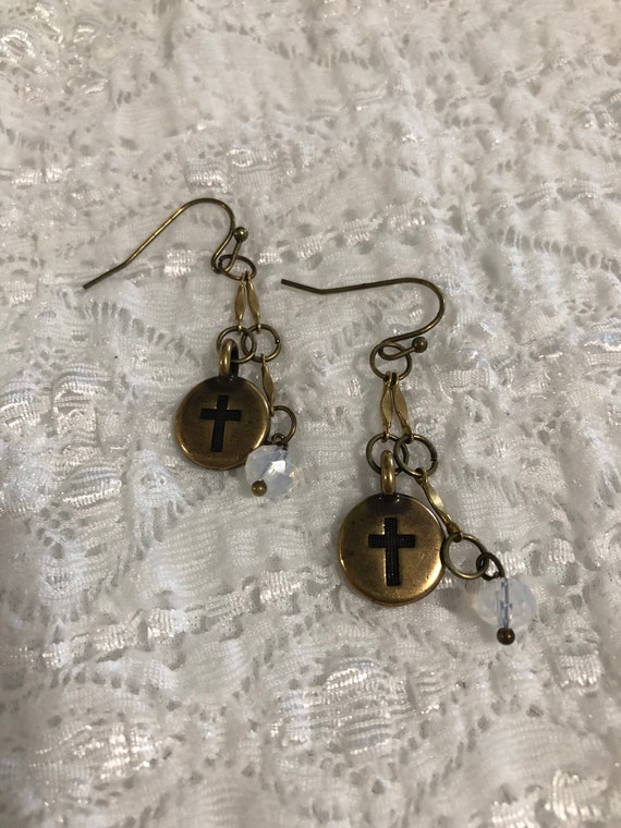 Handmade brass cross dangle earrings