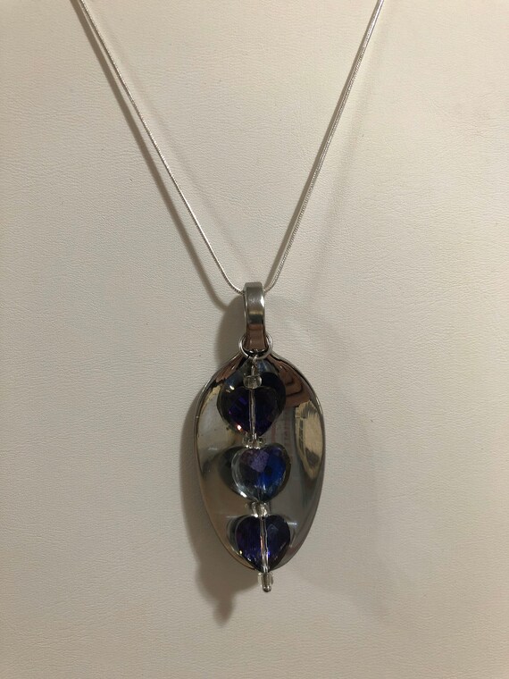 Handmade spoon necklace with dangle of mystic Purple Hearts necklace