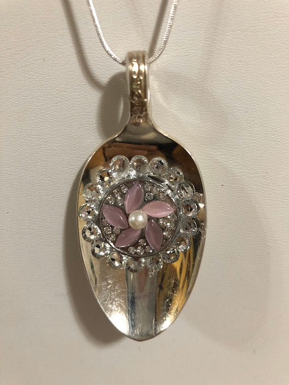 Crystals and pink stone flower spoon necklace