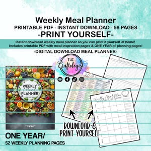 Könnte beinhalten: Ein digitaler Wochenessensplaner mit einem Cover mit einer farbenfrohen Anordnung von Obst und Gemüse. Der Planer enthält 52 Wochenplanungsseiten, Seiten mit Essensinspirationen und den Text "Print Yourself". Der Planer ist als druckbares PDF verfügbar.