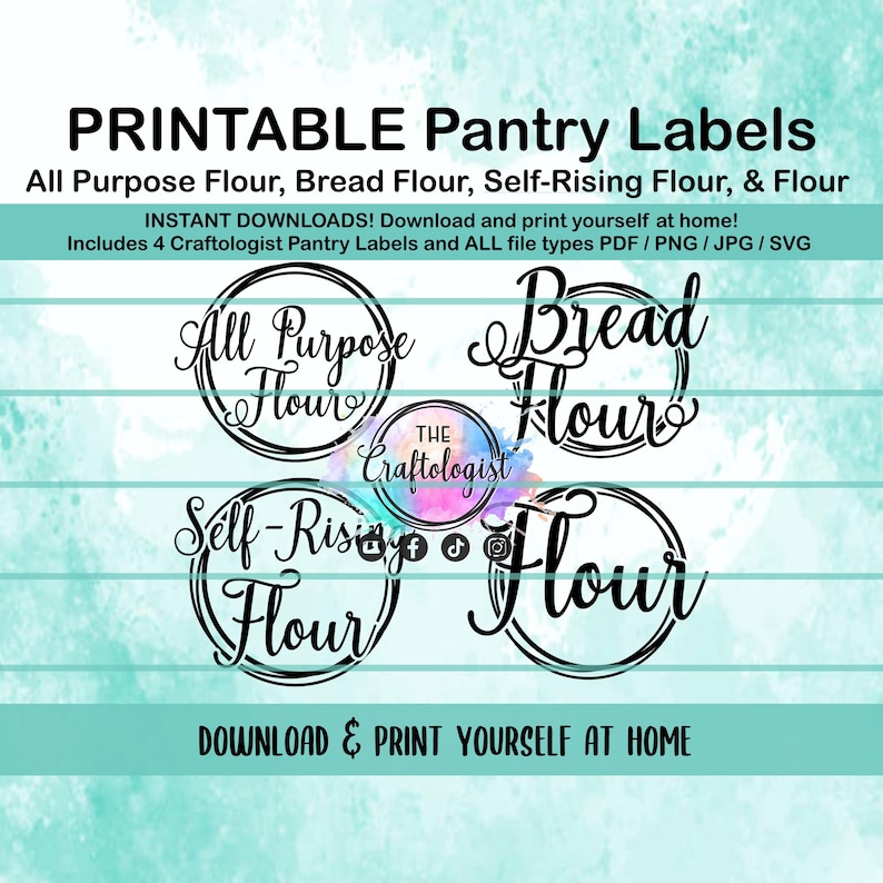 May include: Printable pantry labels for all-purpose flour, bread flour, and self-rising flour. The labels are black and white with a circle design and the text "All Purpose Flour", "Bread Flour", and "Self-Rising Flour".