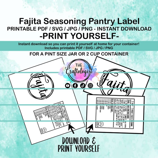 Printable Fajita Seasoning Labels - PDF / SVG / JPG Craftologist Homemade Fajita Printable-Print yourself at home! Fajita Seasoning Pantry