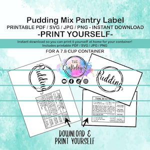 以下が含まれることがあります： 「Pudding Mix Pantry Label」と「Print Yourself」の文字が入った、印刷可能なプリンミックスパントリーラベル。ラベルには説明書が付属しており、2.2リットルの容器用に設計されています。デザインは白黒です。