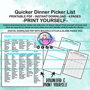 Cooking dinner ideas / Printable Meal Picker / Meal Ideas / Meal Prep / Quicker Dinner Picker  / Instant Download PDF Print yourself at home