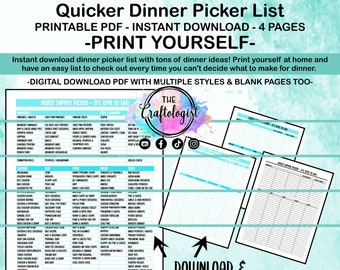Cooking dinner ideas / Printable Meal Picker / Meal Ideas / Meal Prep / Quicker Dinner Picker  / Instant Download PDF Print yourself at home