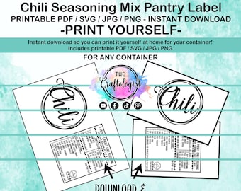 Puede incluir: Etiqueta de despensa imprimible para mezcla de condimento de chile. La etiqueta presenta un diseño en blanco y negro con la palabra "Chili" en un círculo. La etiqueta incluye una lista de ingredientes e instrucciones para hacer chile. La etiqueta está disponible para descarga instantánea en formatos PDF, SVG, JPG y PNG.