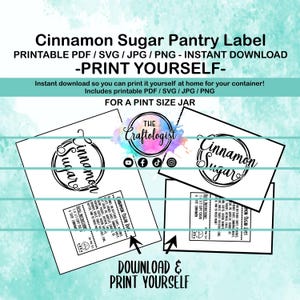May include: Printable label for a pint-sized jar of cinnamon sugar. The label features a black and white design with the text "Cinnamon Sugar" in a circle. The label is designed to be printed at home and includes instructions for making cinnamon sugar.