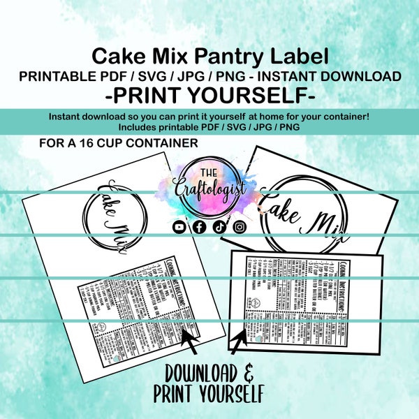 Printable Cake Mix Labels - PDF / SVG / JPG  Craftologist Homemade Cake Mix Printable-Print yourself at home! Cake Mix Pantry