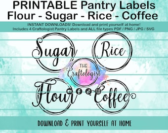May include: Printable pantry labels for flour, sugar, rice, and coffee. The labels are in black text with a white background and a watercolour-style design. The labels are designed by The Craftologist.