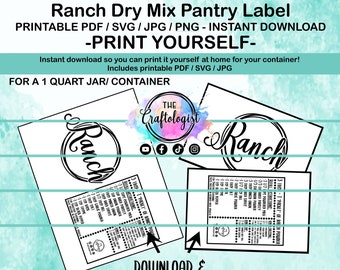 Printable Ranch Dry Mix Labels - PDF / SVG / JPG Craftologist Homemade Ranch Printable-Print yourself at home! Ranch Dry Mix Pantry