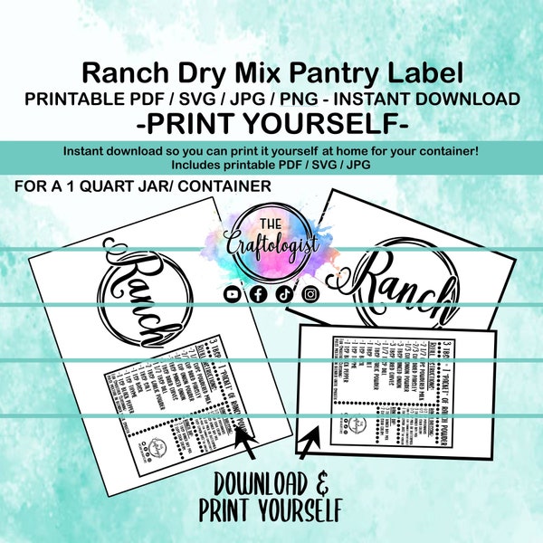 Printable Ranch Dry Mix Labels - PDF / SVG / JPG Craftologist Homemade Ranch Printable-Print yourself at home! Ranch Dry Mix Pantry