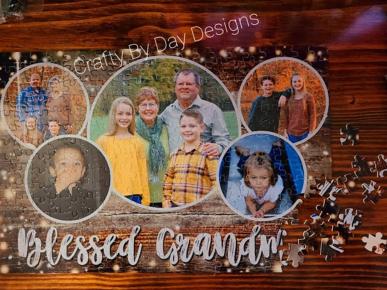 May include: A custom photo puzzle with a rustic wood background and the text "Blessed Grandm!" in white. The puzzle features multiple photos of a family, including grandparents, parents, and children.