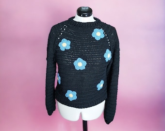 Black forget me not crochet flower jumper pure wool