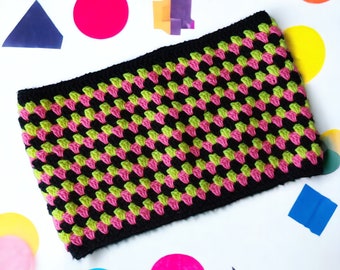 Neon pink, yellow black cowl scarf, pure merino wool