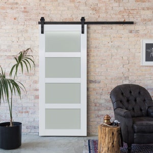 Custom 4 Panel Sliding Barn Door with Temper Glass Frosted Modern Farmhouse Sliding Barn Door - 1 DOOR PRIMED ONLY