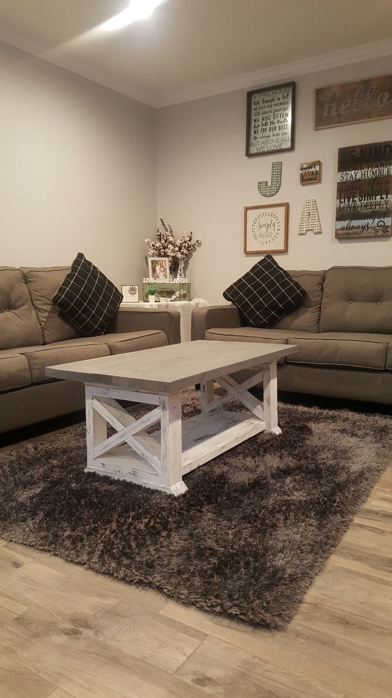 Custom Farmhouse Coffee Table Wooden Country Style Stained Wood Top White Distressed Rustic Bottom