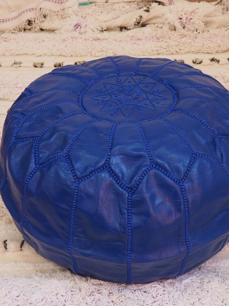 Blue leather Moroccan poufs ottoman 100 Leather hight Etsy