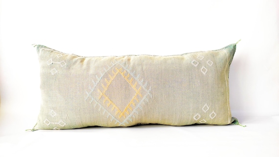 Cactus Silk Pale Green Pillow Lumbar 18"x34". Decorative Bed cushion, Hand woven by berber women from Morocco.