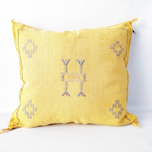 Small Cactus Silk Yellow Pillow 20&quot;x19&quot;. Decorative Bed cushion, Hand woven by berber women from Morocco.