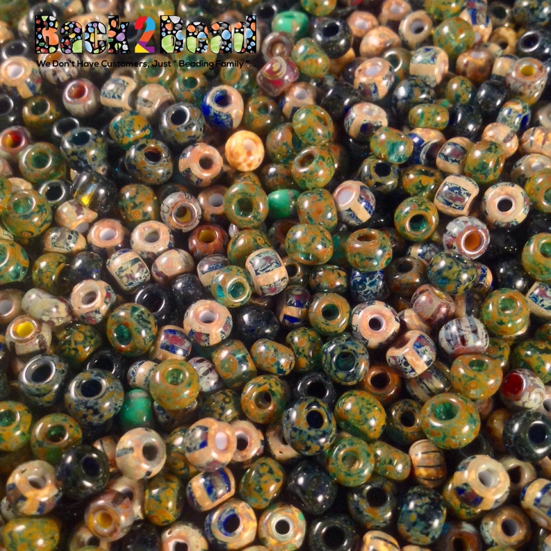 40 Aged Picasso Luster Stripe Multi Seed Beads 25 Grams
