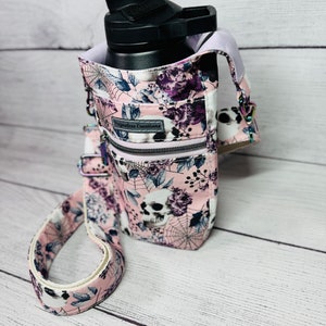 H2O To Go/Water Bottle Holder, Water Cup Crossbody, Purple and Pink Skulls image 2