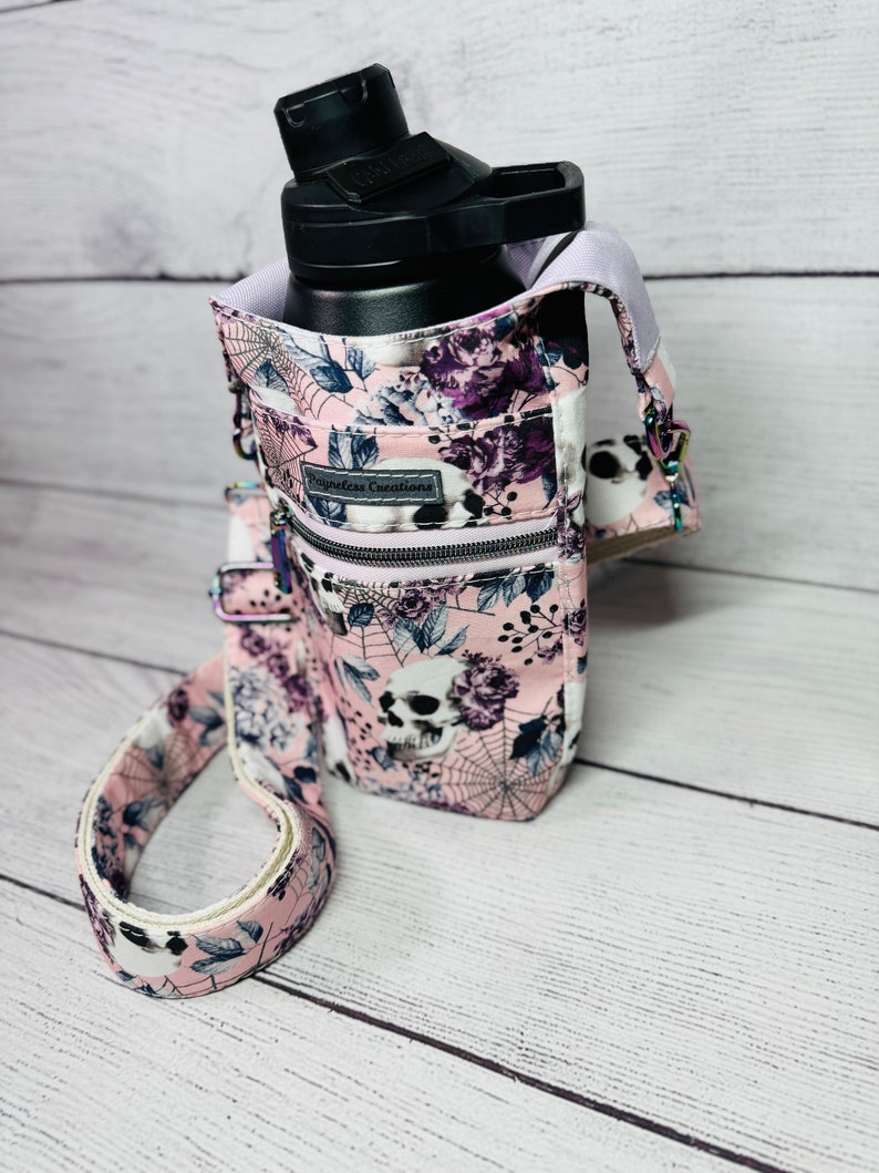 H2O To Go/Water Bottle Holder, Water Cup Crossbody, Purple and Pink Skulls image 2
